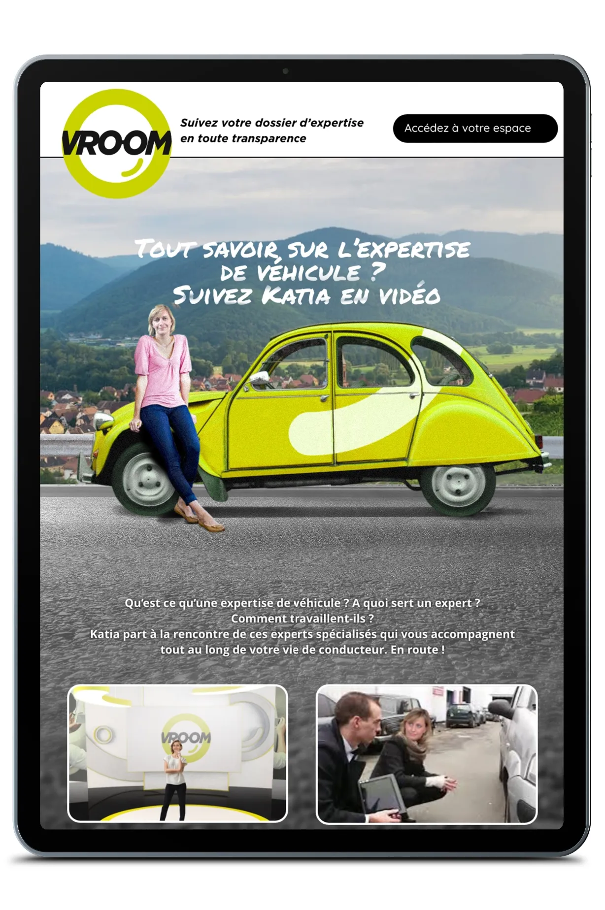 La page Vroom Média sur une tablette, avec la 2CV vert-anis