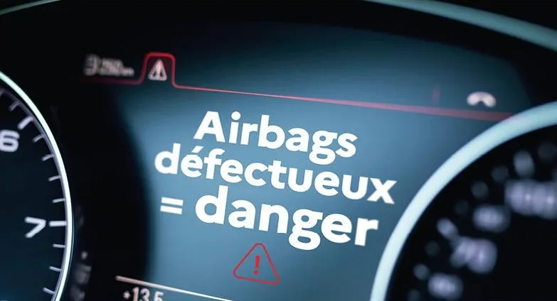 Tableau de bord affichant : Airbags défectueux = danger